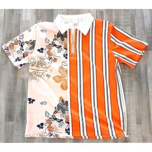Retro Bowling Mens L Shirt Island Orange Desert Oasis 1/4 Zip 60's Floral Custom